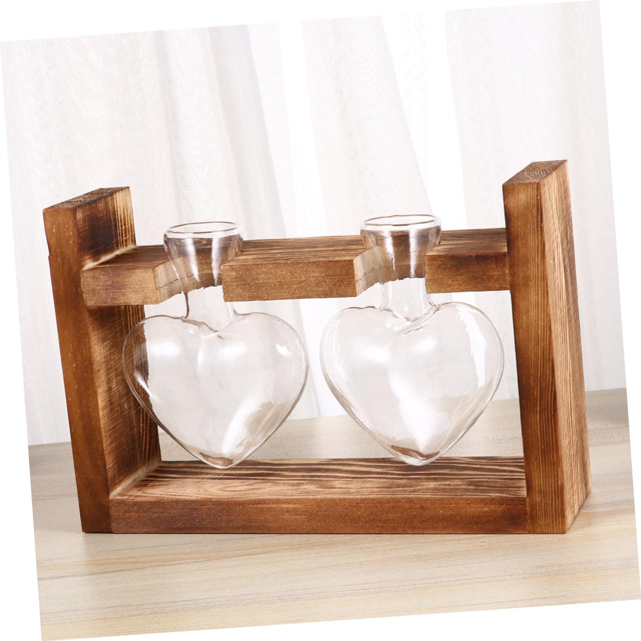 Ciieeo 2Pcs Heart Shaped Glass Hydroponics Planter with Retro Wooden Rack Temperature Resistant Vase for Flower Arrangement and Indoor Plant Propagation Decorative Terrarium for Home