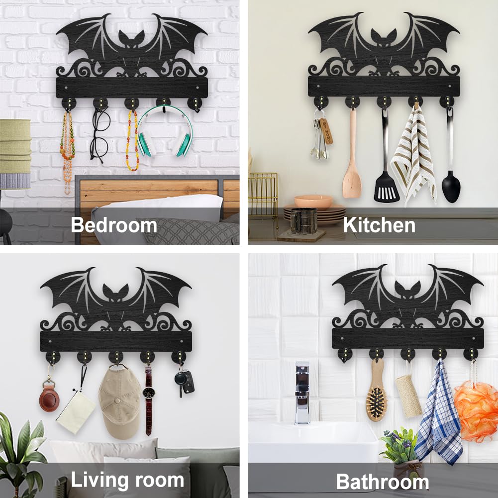 MAYJOYDIY Wood Bat Wall Key Hook Halloween Animal Theme Key Holder 11.8x7.9in Wall Art Decor Black Key Rack Organizer 5 Alloy Hooks for Gift, Hallway, Home Decor, Bag, Towel Hanging