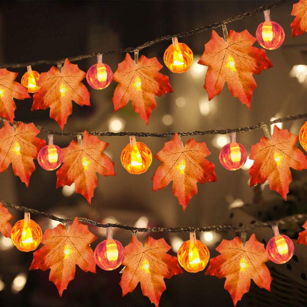 3 Pack Fall Decor Fall Garland with Pumpkin Lights&Enlarged Maple Fall String Lights Pumpkin Decor, 30Ft 60LED Waterproof Battery Operated Christmas Halloween Thanksgiving Fall Decorations for Home