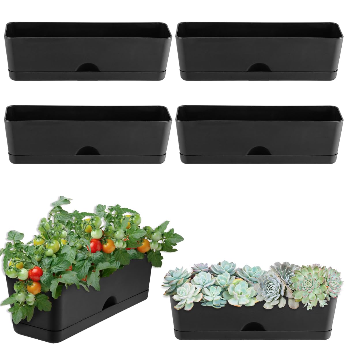 6 Pack Rectangle Planter 16x4.4 Inch Window Boxes Planters Rectangular Large Window Sill Planters Indoor Self Watering Plant Pots with Drainage Holes and Saucers Succulent Herb Flower Pots, Black
