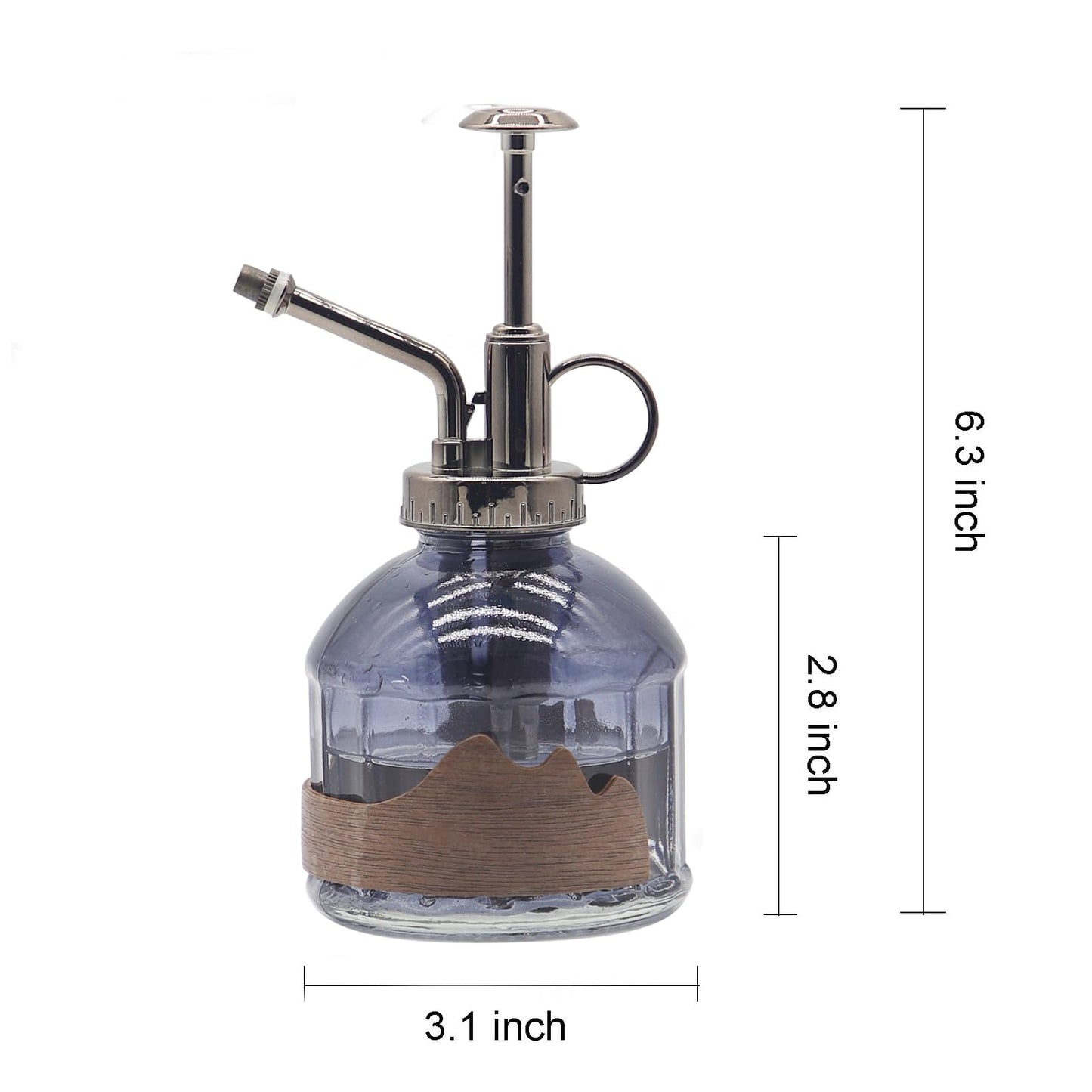 OFFIDIX Glass Plant Mister, 6.3 Inches Tall Vintage Style Spritzer Bronze Plastic Top Pump One Hand Watering Can Indoor Plant Spray Bottle for Garden, Plants, Cleaning (Distant Hill)