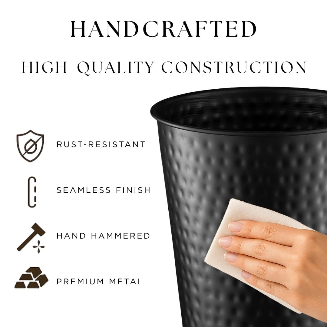 Monarch Abode Metal Bathroom Trash Can – Waste Basket for Bedroom, Office Desk, & Dorm, Hand Hammered, Durable Decorative Black Small Trash Can Bathroom Garbage Bin Wastebasket