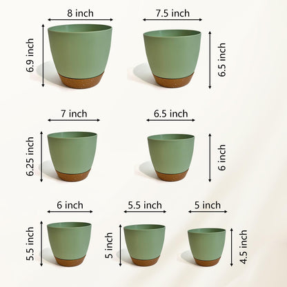 LIFFY Plant Pots, 8,7.5,7,6.5,6,5.5,5 Inch Plastic Self Watering Planters with Drainage Holes & Saucers, 7-Pack Green Nursery Planting Pot with Deep Reservoir for Indoor Outdoor Plants