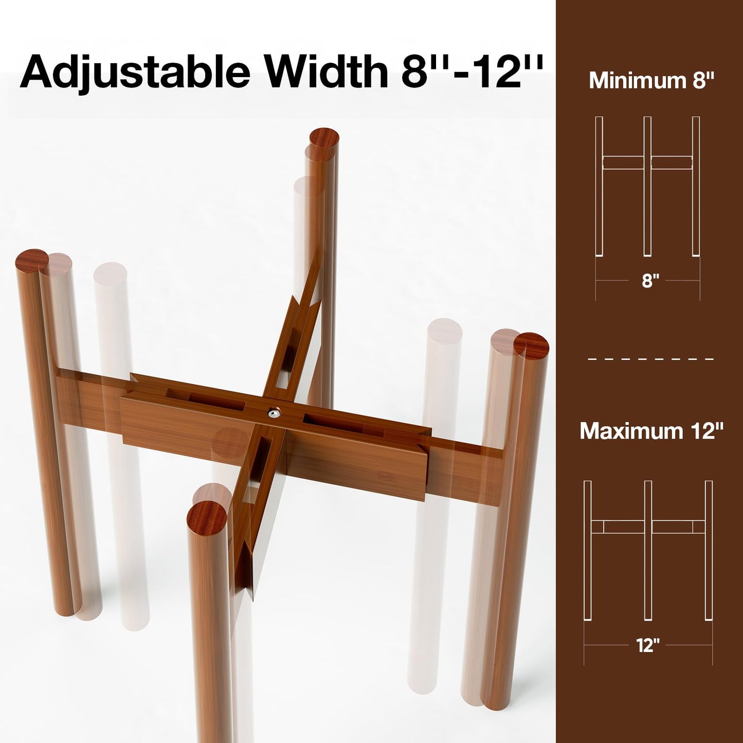 MUDEELA Plant Stand for Indoor Plants: Adjustable Width Fits 8–12 Inch Pots - Mid Century Modern Bamboo Plant Stand - 14.5 Inch Single Tier Small Floor Plant Holder, Dark Brown, 1 Pack (Without Pot)