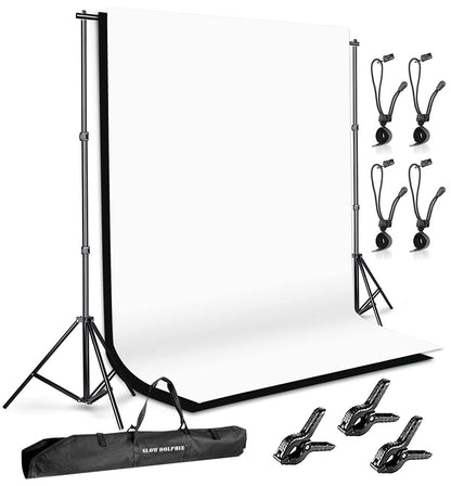 SLOW DOLPHIN Photo Background Support System with Backdrop Stand Kit, 100% Pure Muslin 6.5 Ft x 10 Ft (White/Black) Backdrop,Clamp, Carry Bag for Photography Video Studio