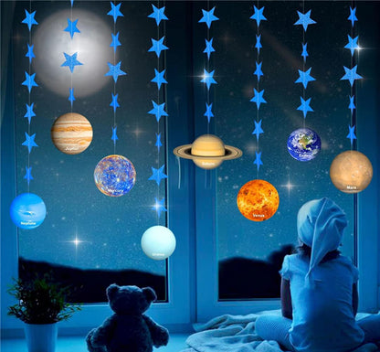 Galaxy Solar System Hanging Paper Decoration (8 Strings X 4.3ft), Outer Space Paper Garland Flower Party Streamers, Plant with Blue Star Hanging for Kids Bedroom Decor，Birthday PartySupplies