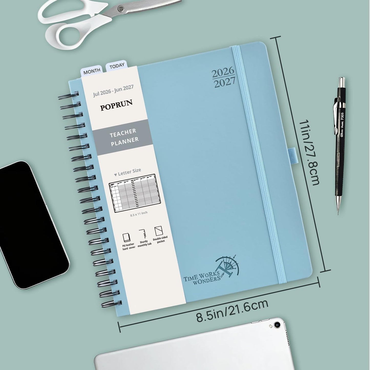 POPRUN Teacher Lesson Planner 2026-2027, (Letter Size - 8.5'' x 11'') Academic Planner July 2026 - June 2027 with Gradebook & Color Monthly Tabs, Thick Paper, 2-Sided Pocket, Leather Cover, Lilac