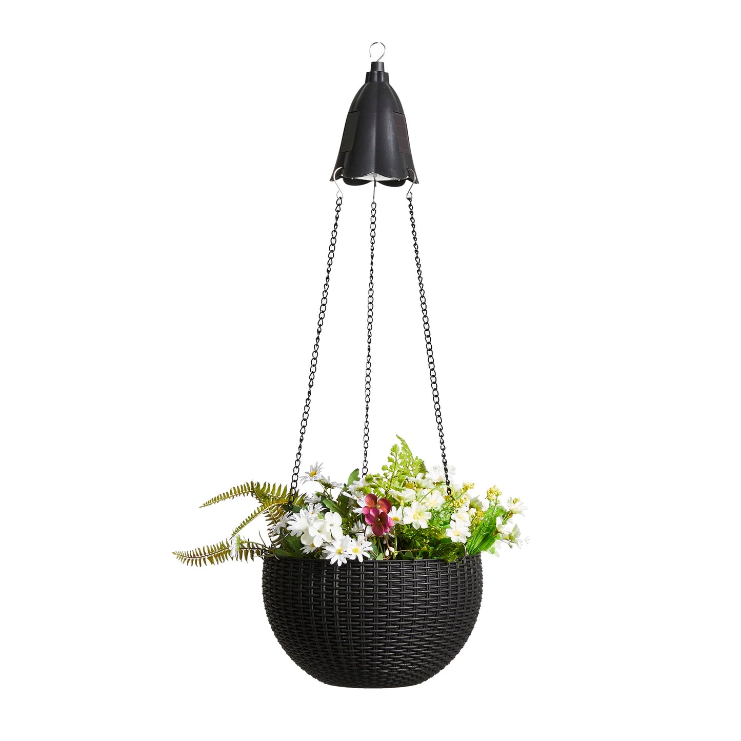 Glitzhome 30" H Plastic Hanging Planter with Solar Lights, Black Plant Basket Hanger with Chain for Outdoor Indoor Plants