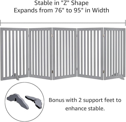 unipaws 36”H Free Standing Pet Gate for Dogs and Cats, Tall Wooden Dog Gates for Doorway, Stairs, Dog Room Divider, Foldable Pet Fence for The House, Expandable Barrier, Indoor Use, Grey