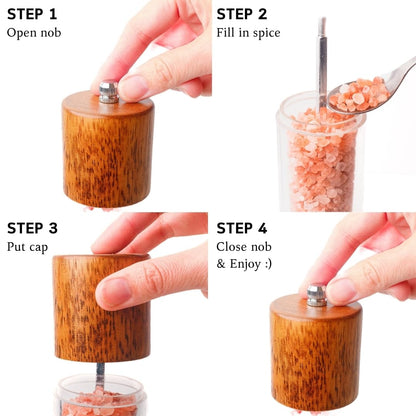 Wooden Salt and Pepper Grinder Set | 8-Inch Manual Acrylic Mills with Adjustable Ceramic Grinding Mechanism | Includes 2 Grinders + Wood Base | Premium Salt and Pepper Grinders by BING-US