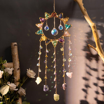 7 Chakra Crystal Sun Catcher Hanging Decor, Rainbow Maker with 3 K9 Crystal Prism Balls & Natural Crystal Stone, Wall and Window Decor Ornament for Home, Bedroom, Balcony, Handmade Gift.