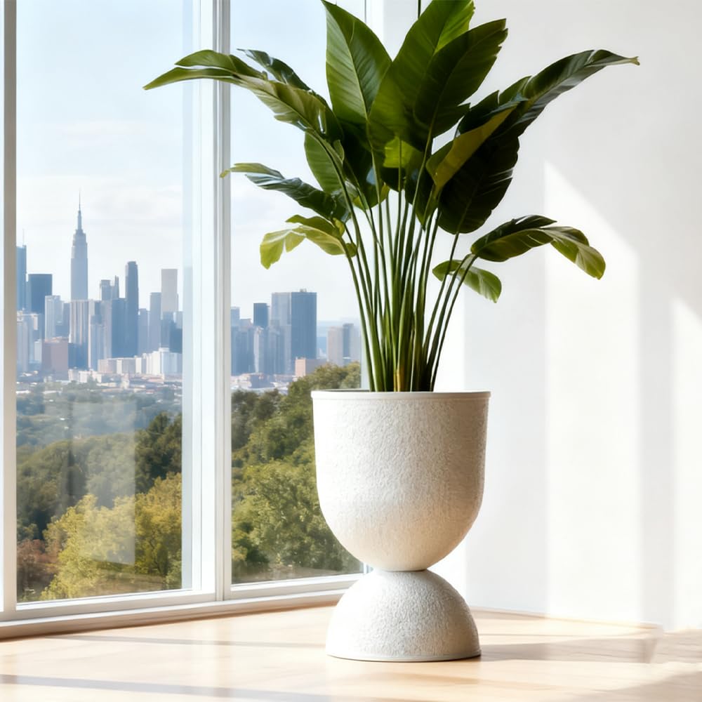 Modern Hourglass Planter, Indoor Decorative Plastic Plant Container, Textured Metal Look, Contemporary Home Garden Pot (WHITE, CUP001)