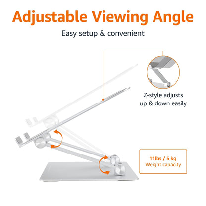 Amazon Basics Sturdy and Portable Ergonomic Laptop Stand for Desk, Height Adjustable Riser with Ventilated Cooling, Foldable, Fits all Laptops up to 15.6 Inch, Silver