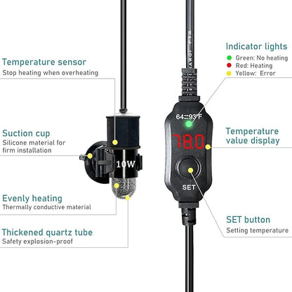 Mini Submersible Aquarium Heater, 25/50/100/150/200/300 Watts Adjustable Fish Tank Heater, Built-in Thermometer, External Temperature Controller, Smart Memory (10 Watts(USB))