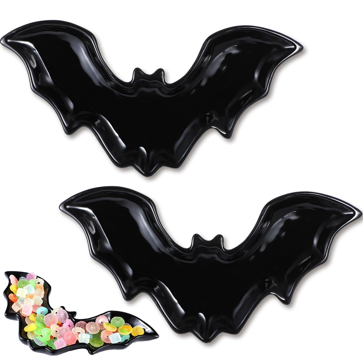 Teenyyou 2 Pcs Ceramic Halloween Plates Black Bat Serving Tray Halloween Bat Desk Dessert Display Platters Trick or Treat Decorations for Indoor Outdoor Home Birthday Party Gift Supplies