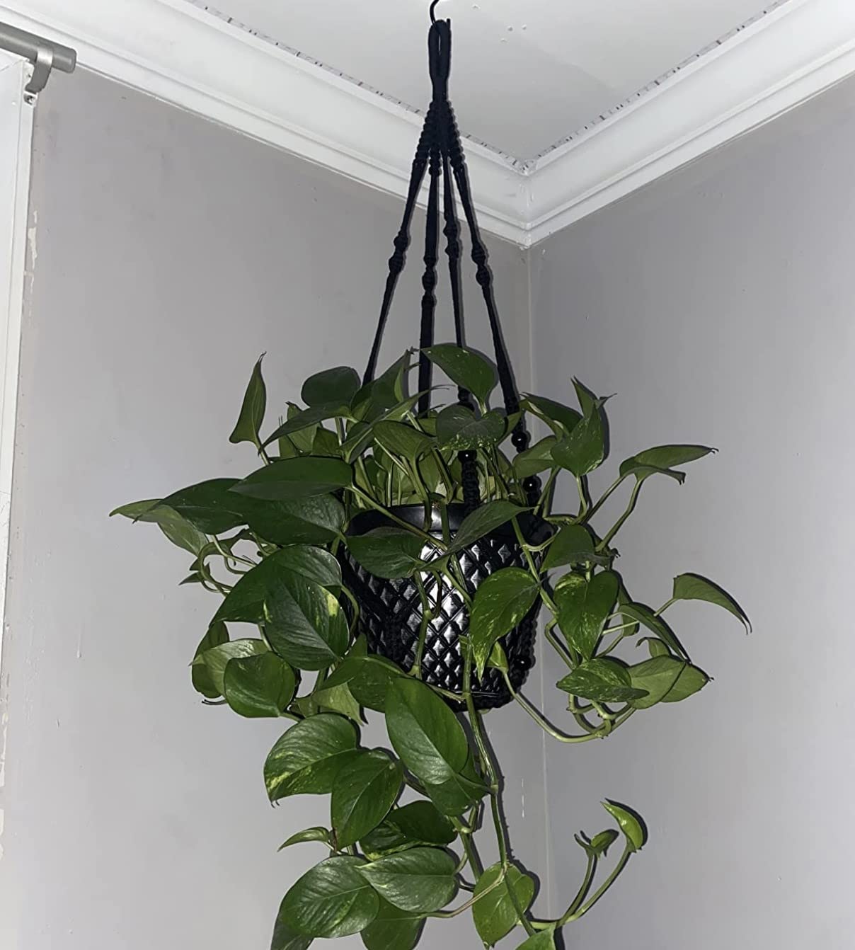 Shineloha 43 Inches Macrame Planter Hanger Large for 12 inch Pot + Swag Hook (Extra Long & Big) | Large Hanging Planter for Indoor Plants | No Tassel, Cotton Rope, NO Pot/Plant Included (Black)(XL)