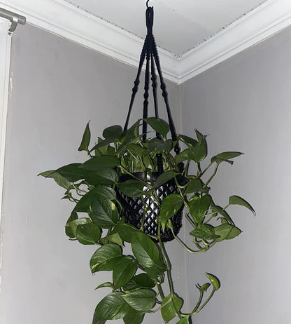 Shineloha 43 Inches Macrame Planter Hanger Large for 12 inch Pot + Swag Hook (Extra Long & Big) | Large Hanging Planter for Indoor Plants | No Tassel, Cotton Rope, NO Pot/Plant Included (Black)(XL)