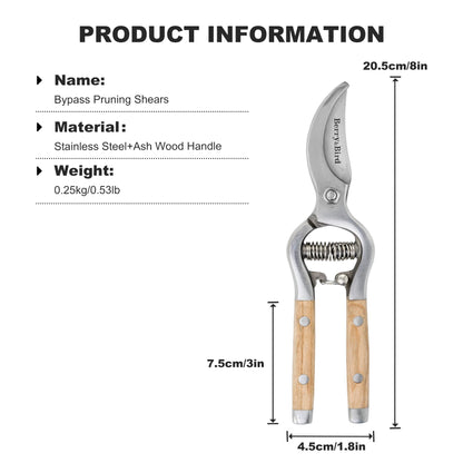 Berry&Bird 8'' Bypass Pruning Shears with Wooden Handle, Curved Blade Garden Hand Pruner, Stainless Steel Scissors Ultra Sharp Clippers for Gardening Trimming Cutting Bonsai Plant Flower & Picking
