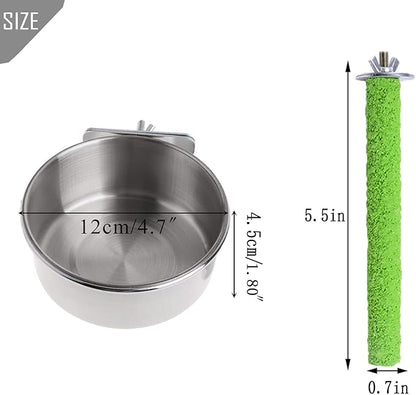 PINVNBY Parrot Feeding Dish Cups,Stainless Stee Bird Feeder Birds Food Water Bowls with Clamp Holder,Parakeet Cage Dish Perch Stand Toys(3 Pcs)