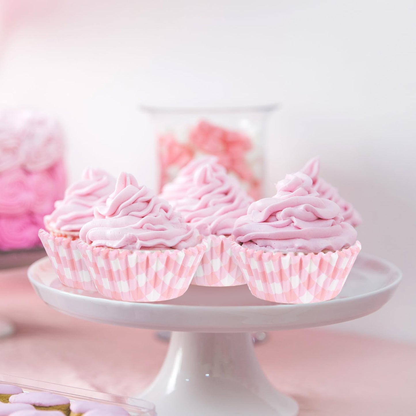 Whaline 300 Pcs Pink Plaid Cupcake Liner Paper Pink Checkered Muffin Liner Baking Cups 2 x 1.2 Inch Cute Cupcake Wrappers for Baby Bridal Shower Wedding Birthday Party Supplies