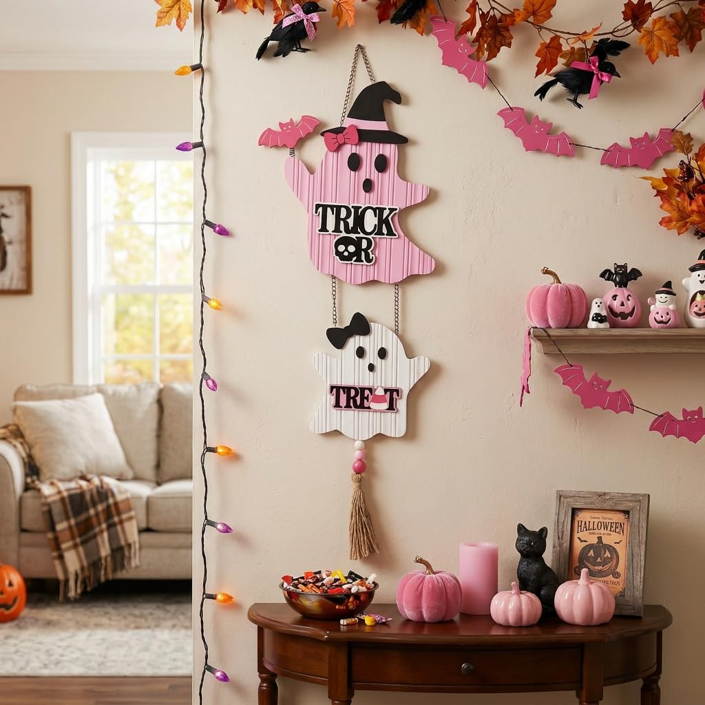 Valery Madelyn Pink Halloween Decorations, Cute Halloween Door Wreath Decorations, Ghost with Witch Hat Wooden Hanging Sign for Wall Window Door Handle, 22 inch