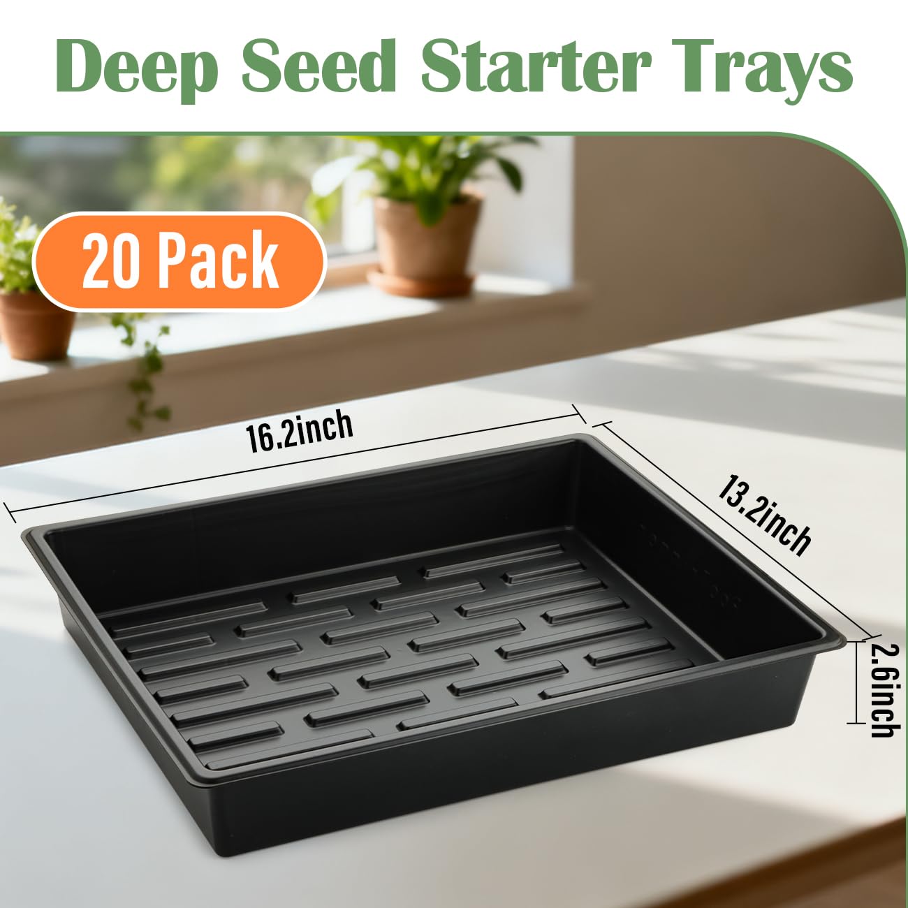 RooTrimmer 20 Pack Nursery Pots Trays (16.5"x13.2"x2.8"), Plastic Seed Starter Trays, Durable Carrying Seedling Starter Tray, Reusable Tray for Planting and Collecting Drainage Water (Black)