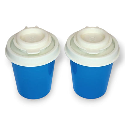 Tupperware Mini Salt and Pepper Shakers Set of 2 Mini Midgets 2 oz Azure Blue with Cream Lids