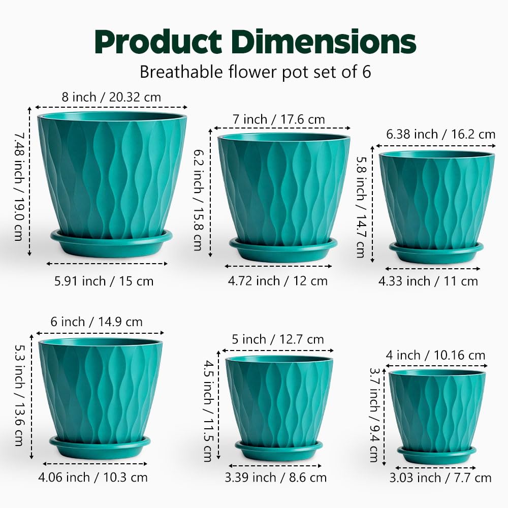 KEETUMOOD Plant Pots, Self Watering Planters with Drainage Holes and Trays, Flower Pots for Indoor Outdoor - 6 Pack(4/5/6/6.5/7/8 Inch) (Dark Green)