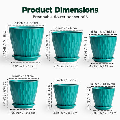 KEETUMOOD Plant Pots, Self Watering Planters with Drainage Holes and Trays, Flower Pots for Indoor Outdoor - 6 Pack(4/5/6/6.5/7/8 Inch) (Dark Green)
