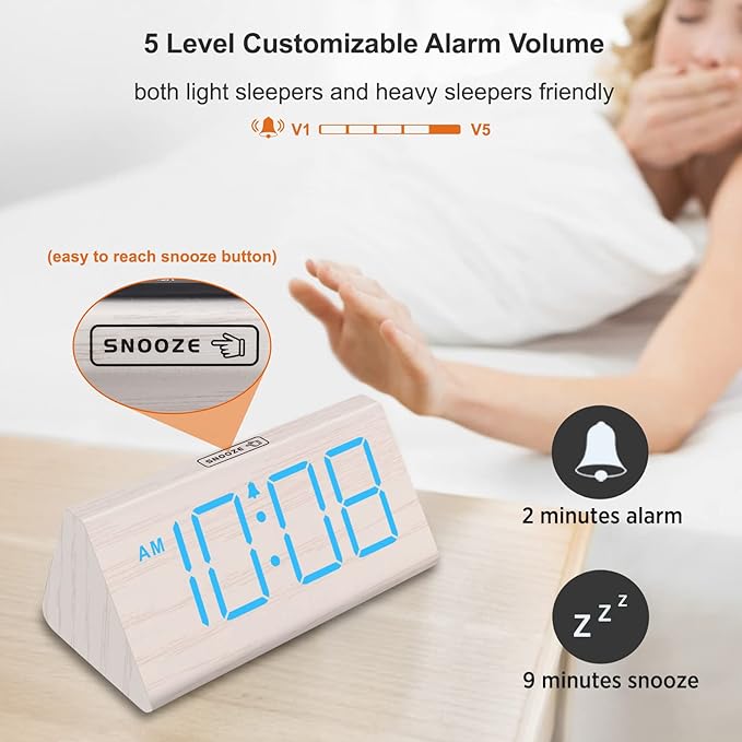 DreamSky Wooden Digital Alarm Clock for Bedrooms with Large Numbers | Electric Desk Clock, USB Port, Loud Alarm for Heavy Sleepers, Adjustable Volume, Dimmer, DST, Wood Décor Gifts, Plug in Clock