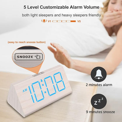 DreamSky Wooden Digital Alarm Clock for Bedrooms with Large Numbers | Electric Desk Clock, USB Port, Loud Alarm for Heavy Sleepers, Adjustable Volume, Dimmer, DST, Wood Décor Gifts, Plug in Clock