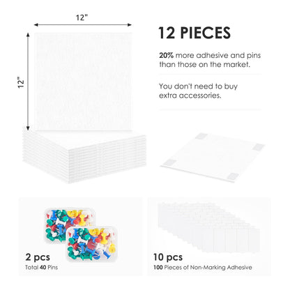 Large Cork Board for Walls 48"x36" |Cork Board Alternative| 12 Pack Felt Wall Tiles| White Bulletin Board with Removable Adhesive | Cork Boards Pinboard for Office Home Classroom,White
