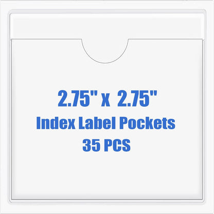 Origin-Joy 35 PCS Self Adhesive Index Card Pockets with Top Open, Clear Plastic Label Holder for Notes, Library and Business, Adhesive Label Pockets & Holder (2.75 x 2.75 inch)