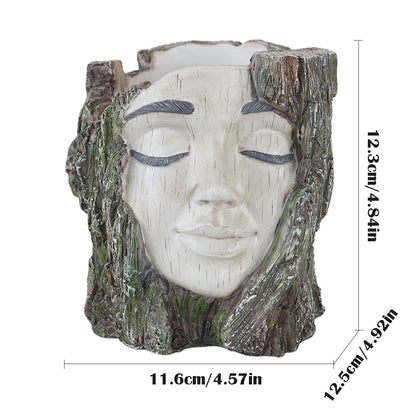 YOYLMAL Tree Stump Face Planter Pot, 4.9” Resin Women's Head Succulent Planter for Indoor Outdoor Plants, Unique Flower Pot with Drainage Hole, Gifts for Women Mom
