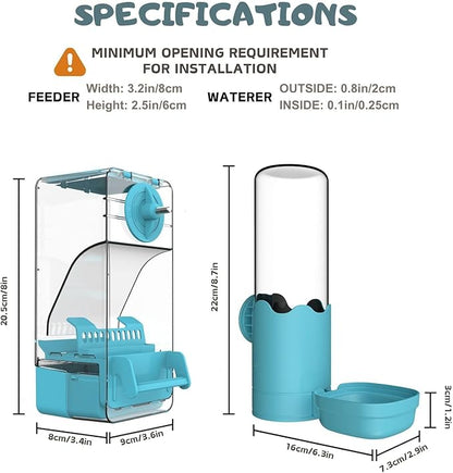 Bird Feeder Water Dispenser Set, Automatic Cage Feeder with Perch for Seed Parakeet Canary Cockatiel Finch Budgies Cage Accessories (Blue)