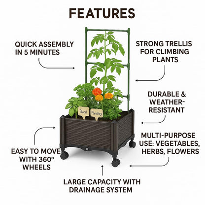 Sherbo Raised Garden Bed Planter Box on Wheels with Trellis, Rattan Style Raised Planter for Outdoor Plants, Compact Mobile Planter Box for Patio or Balcony