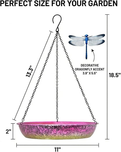 Hanging Bird Bath for Outside Iridescent Metal Feeder Tray with Hand-Painted Pink and Green Gradient 11" Decorative Birdbath for Wild Birds to Bathe & Drink Garden Decor for Patio & Yard
