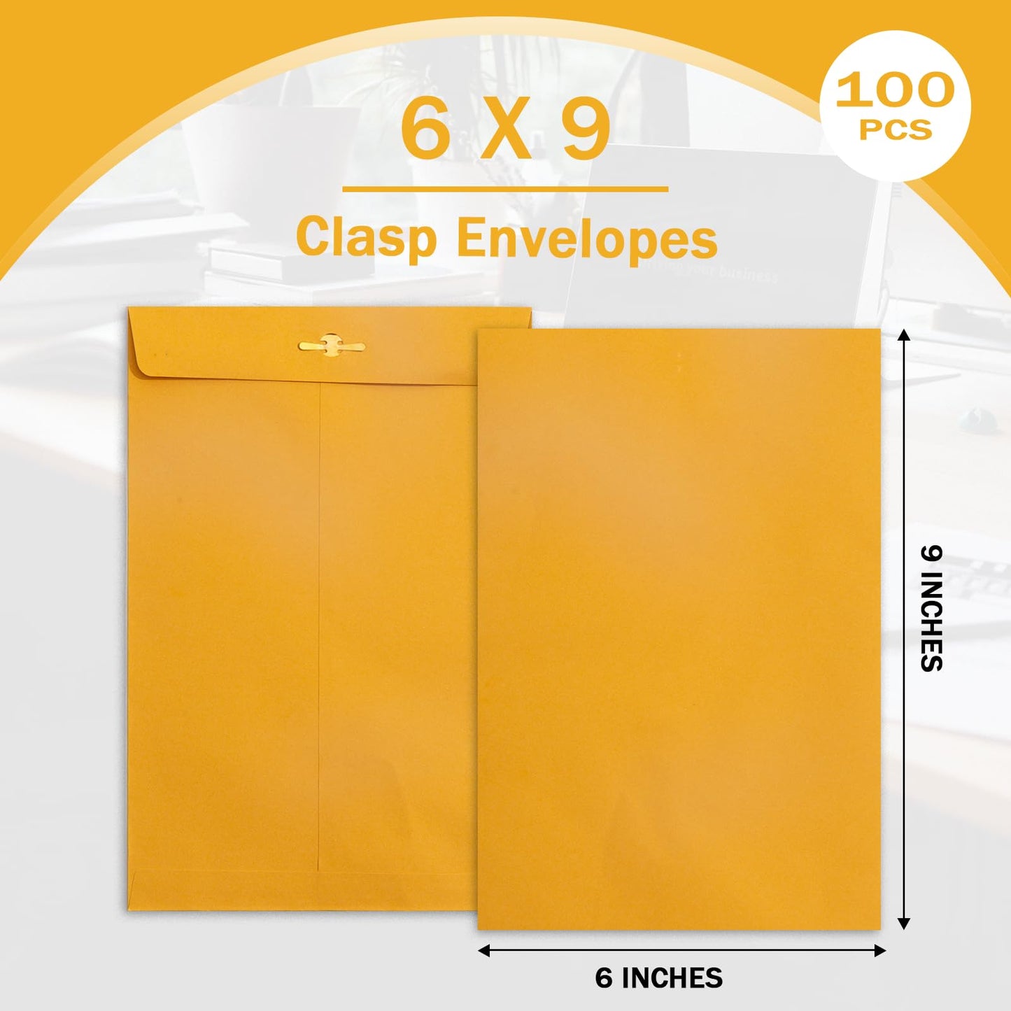 6x9 Clasp Envelopes - 100 Pack, Goefun Yellow Manilla Envelopes 6x9, 100GSM Heavy Kraft Paper, for Business, Legal, Office
