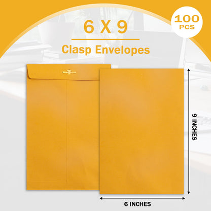 6x9 Clasp Envelopes - 100 Pack, Goefun Yellow Manilla Envelopes 6x9, 100GSM Heavy Kraft Paper, for Business, Legal, Office