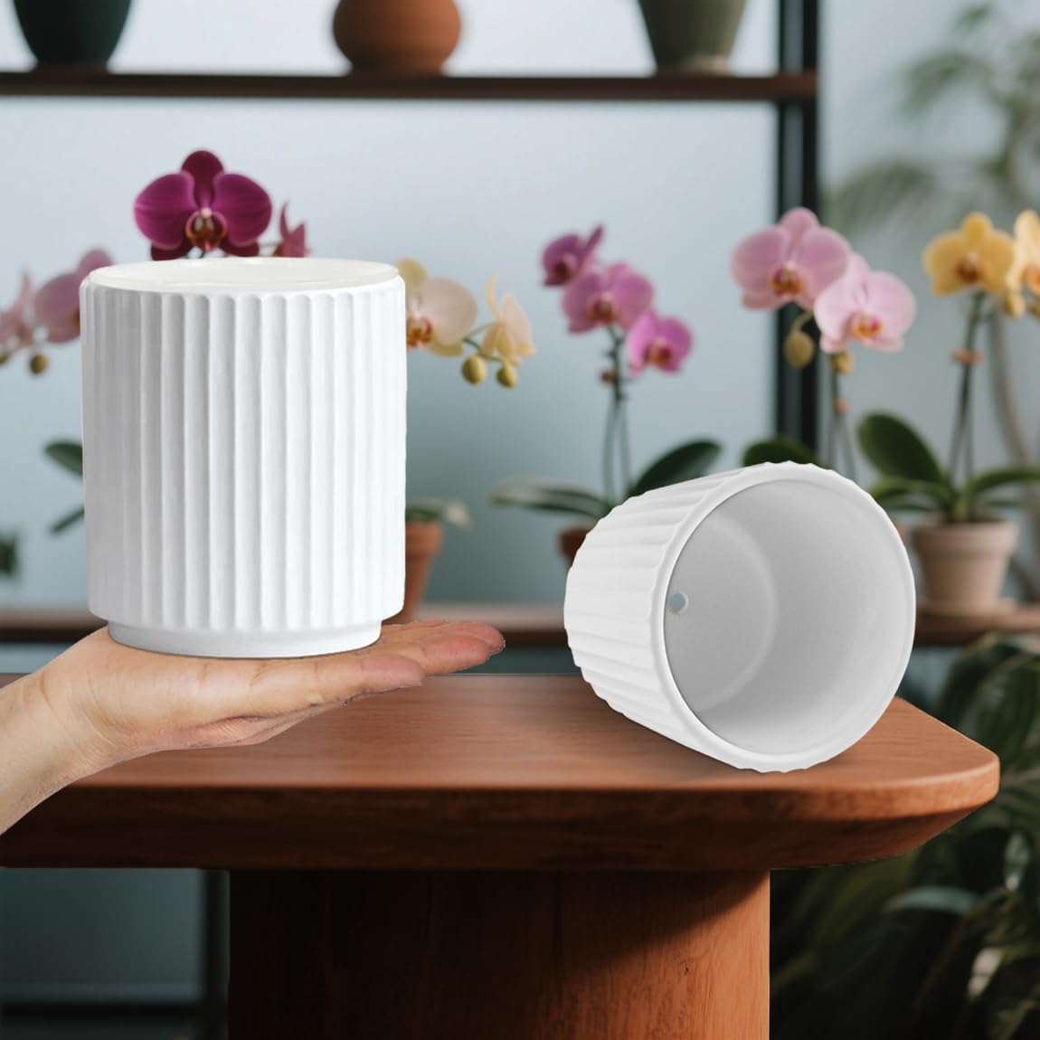MUZHI Double Layer White Ceramic Orchid Planter with Saucer, Orchid Pots with Holes 4.6" Set of 2, Modern Minimal Cylinder Striped Plant Pot with Drainage 4.6” (White)