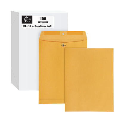 Quality Park 10 x 13 Clasp Envelopes, Gummed, Moisture-Activated Adhesive for Permanent Secure Seal, 28 lb Paper, Brown Kraft, 100/Box (QUA37897)