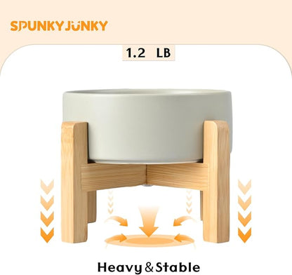 SPUNKYJUNKY Ceramic Elevated Dog Bowls 2 Pack - 5.1inch Raised Dog Bowls with Non-Slip Wooden Stand for Small Dogs Dishwasher Safe(Grey,13.5OZ*2)