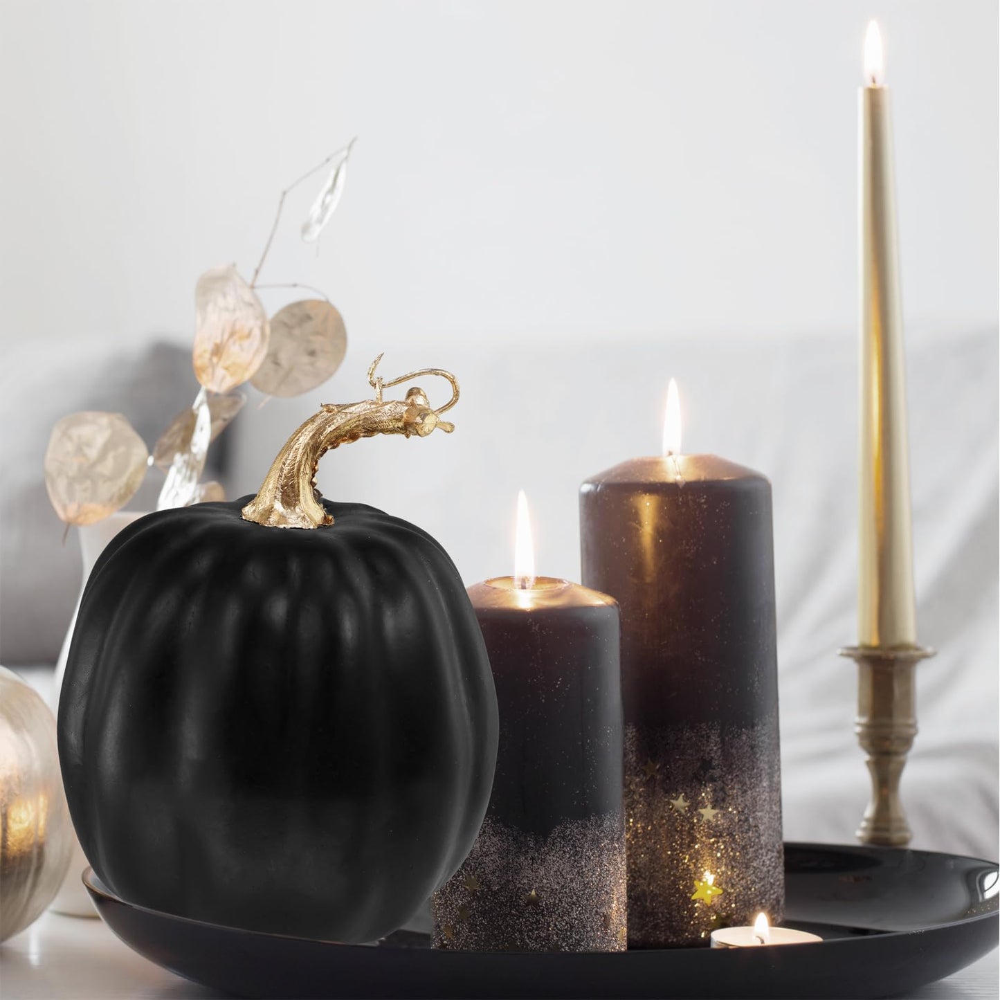 Winlyn 4 Pcs Black Artificial Pumpkins Halloween Pumpkins Faux Decorative Foam Pumpkins 6.7" Tall for Fall Autumn Home Halloween Party Thanksgiving Holiday Tabletop Centerpiece Mantel Shelf Décor