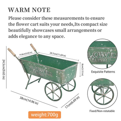 Z² BellaDecor 15 Inch Farmhouse Small Flower Cart with Wooden Handles Metal Wagon Planters for Outdoor Plants Decorative Wheelbarrow Plant Cart for Patio Garden Balcony Green