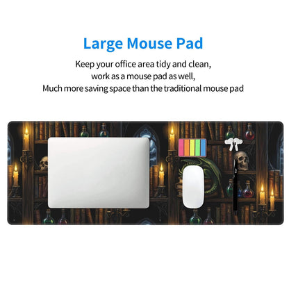 Wizard Library Large Gaming Mouse Pad 31.5 x 11.8 in Gothic Dragon & Magic Potions Desk Mat - Extended Non-Slip Rubber Base with Stitched Edges for Office & Home