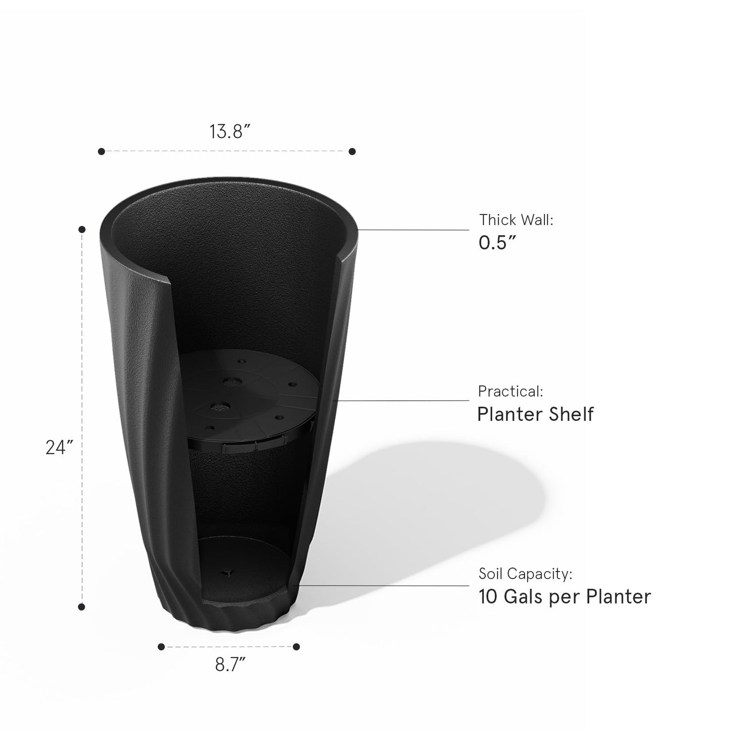 La Jolie Maison 24 Inch Tall Planters, Set of 2 Matte Black Tree Planters with Shelf Insert, Morden Large Round Plant Pots Containers for Indoor/Outdoor, Front Door, Patio and Deck