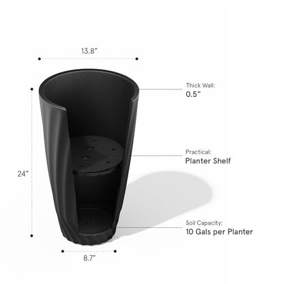 La Jolie Maison 24 Inch Tall Planters, Set of 2 Matte Black Tree Planters with Shelf Insert, Morden Large Round Plant Pots Containers for Indoor/Outdoor, Front Door, Patio and Deck