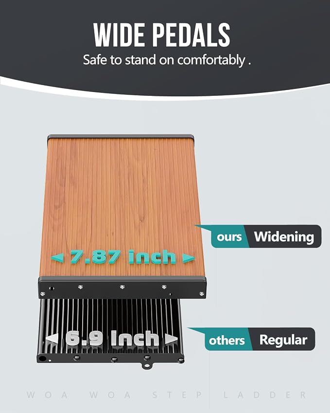 WOA WOA 4 Step Ladder, Ladders for Home, Anti-Slip Pedals, Aluminum Step Stool Foldable, Lightweight to Move, Ease of Storage, Reach 9ft for Closet Kitchen Library, Hold 300lbs - Black&Wood Grain