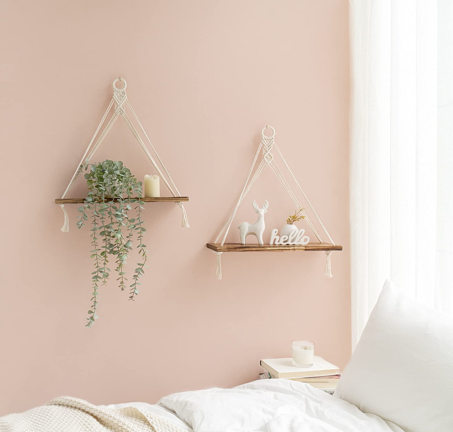 Mkono Macrame Hanging Shelves Boho Wall Decor Set of 2 and Bedside Shelf Organizer with Hooks