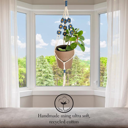 Macrame plant hanger with Daisies | Hanging plant holder | Macrame Plant hangers outdoor and indoor hanging planters Plant stand indoor Boho Decor hanging planter stand/plant shelf (Peacock Blue)